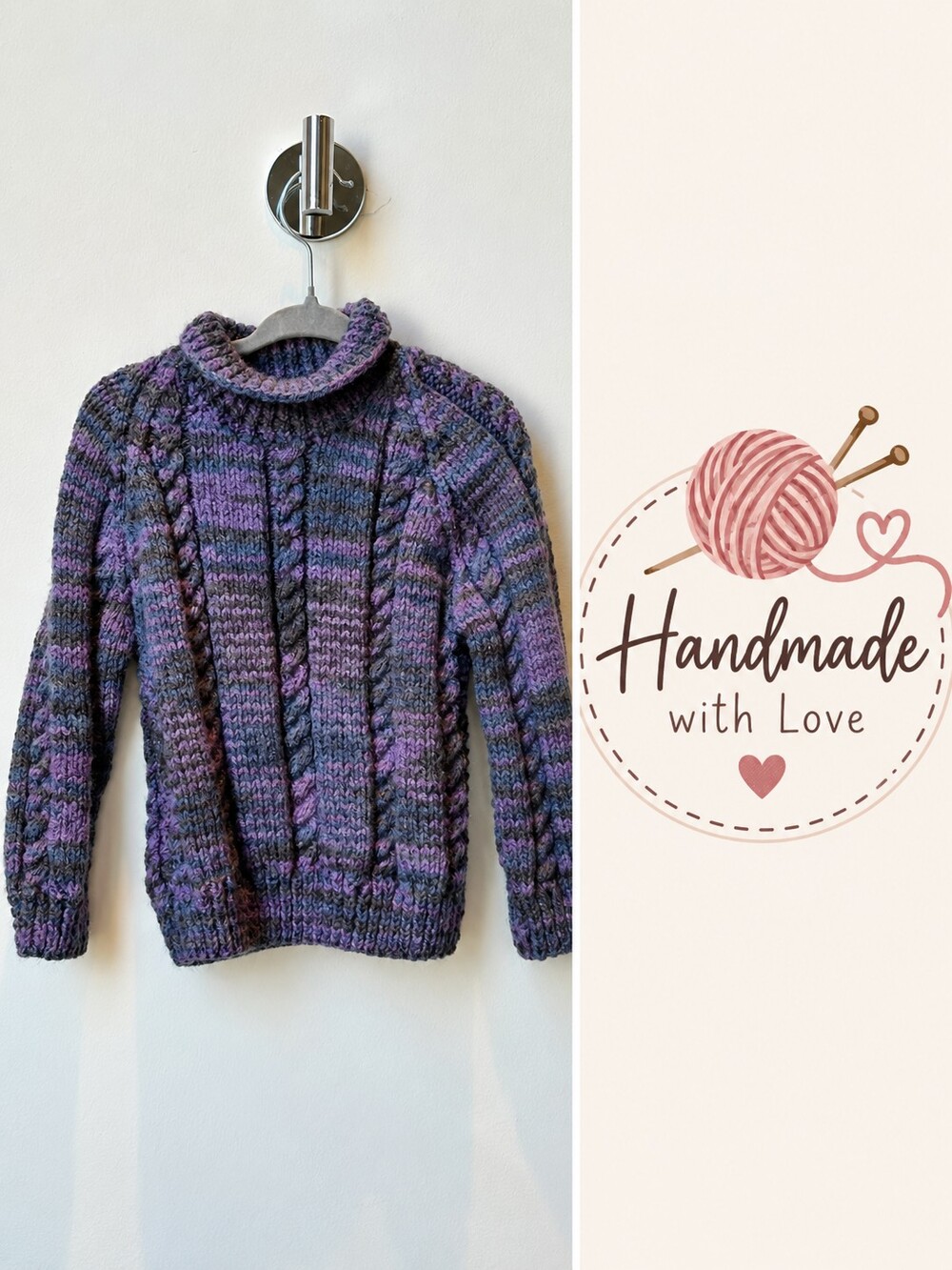 Handmade Kids Cable Knit Sweater Purple Blue Grey Turtleneck Pullover